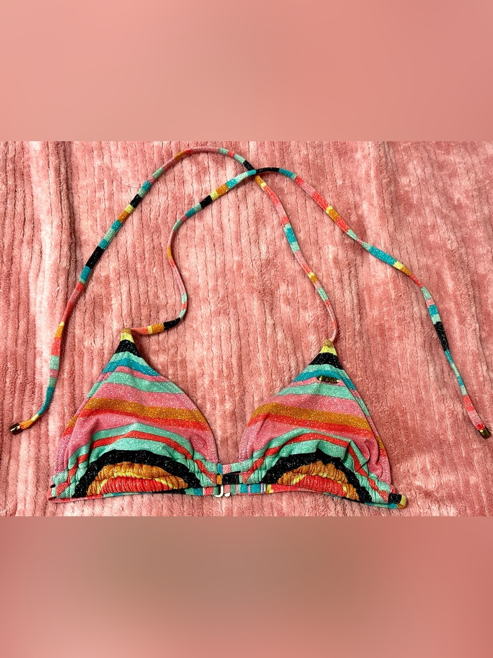 Roxy Multicolor Striped Triangle Bikini Top - Pink, Teal, Black, Gold